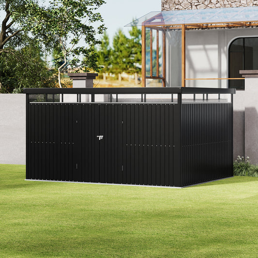 13 x 10 ft Metal Garden Storage Shed with Flat Roof & Padlockable Double Doors