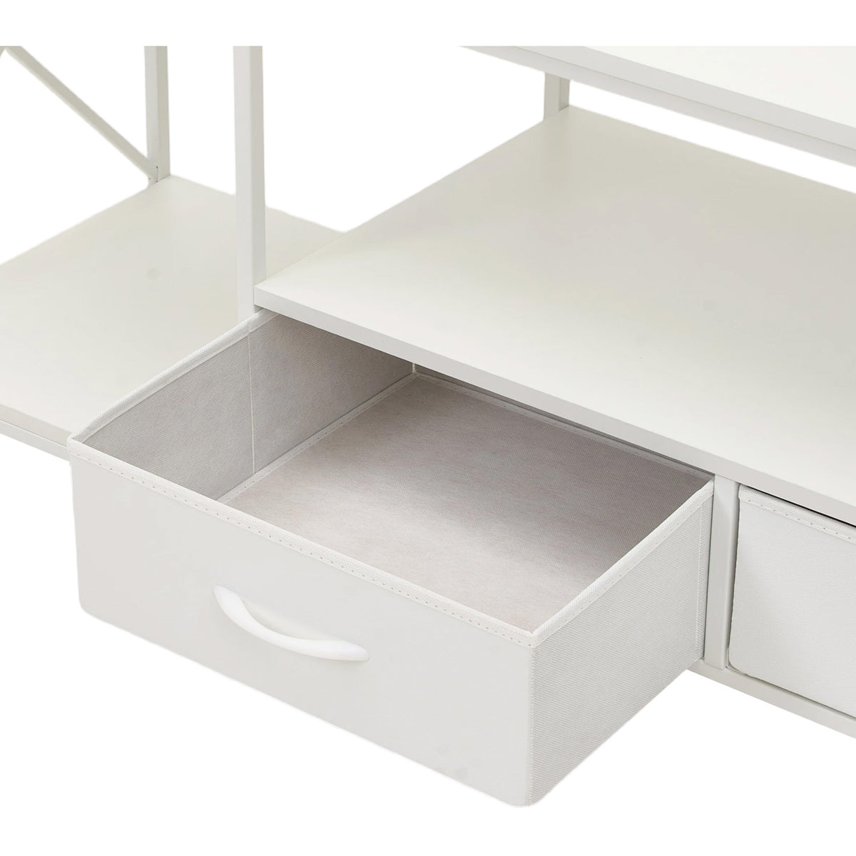 160cm White TV Stand with 2 Fabric Drawers & Open Shelves