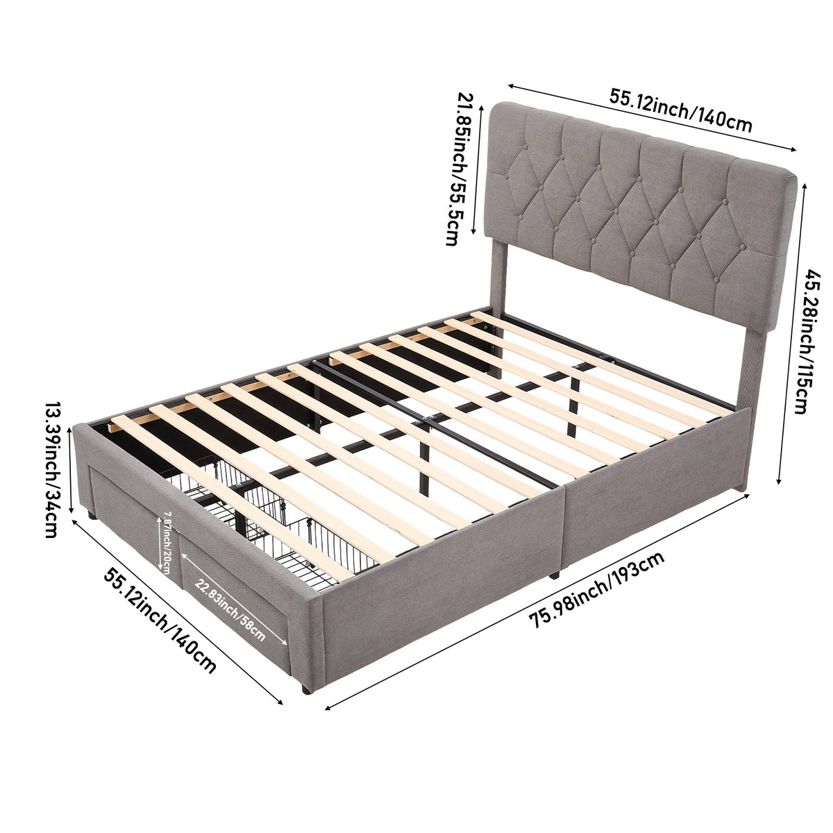 Double Upholstered Bed Frame with 2 Drawers