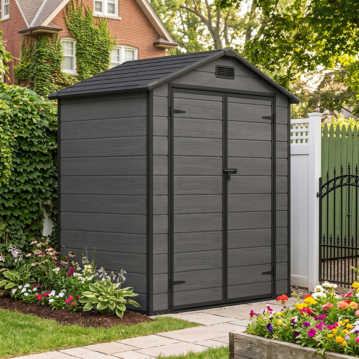 6 x 4 ft Plastic Garden Storage Shed with Apex Roof & Padlockable Double Doors