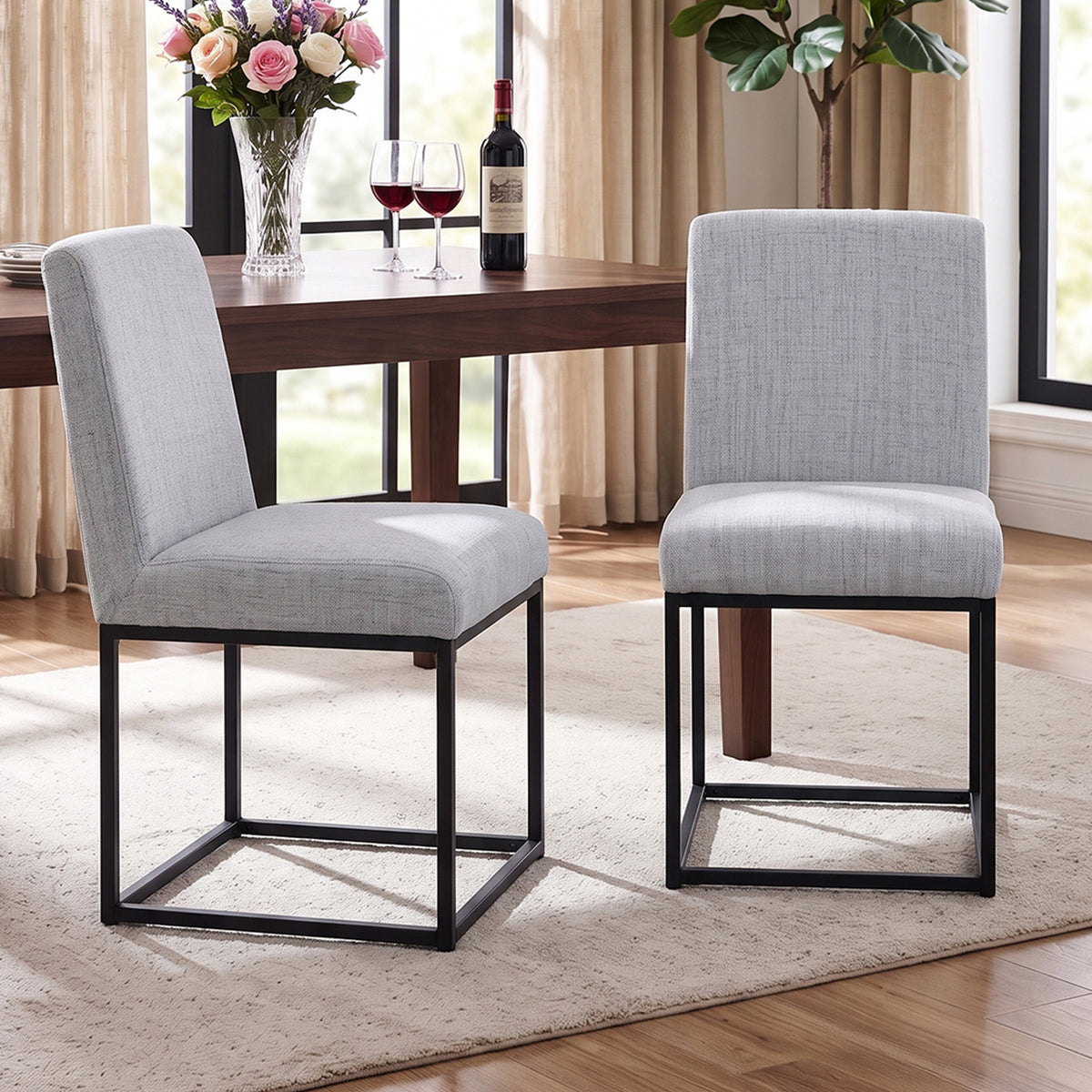 Set of 2 Chenille Upholstered Dining Chairs with Black Metal Legs