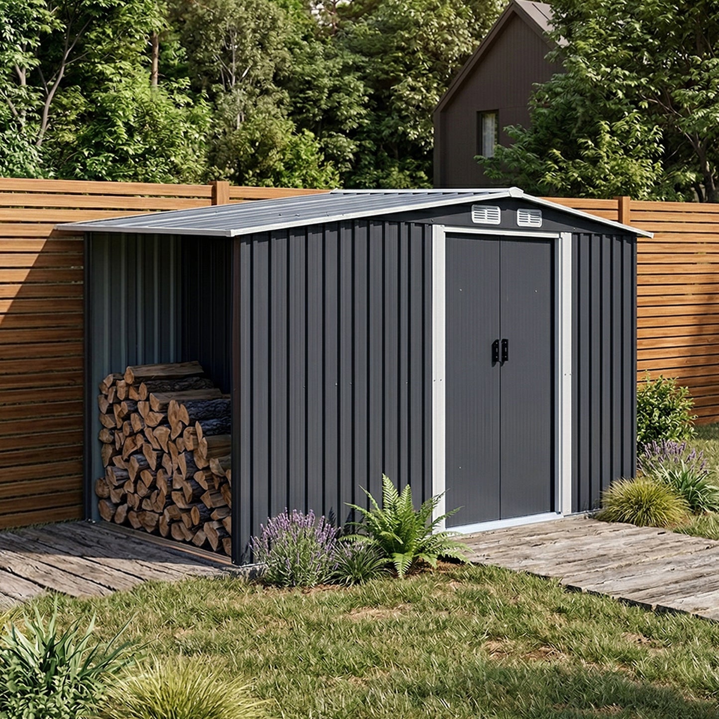 8x4ft Metal Garden Storage Shed with Log Store Apex Roof Sliding Doors