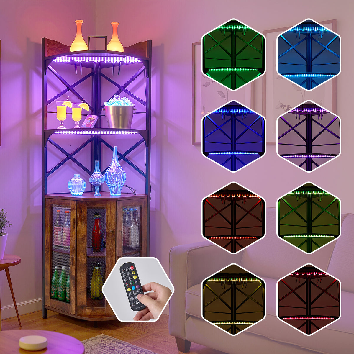 5-Tier Corner Bar Cabinet with Built-in Power Outlet and LED Lights