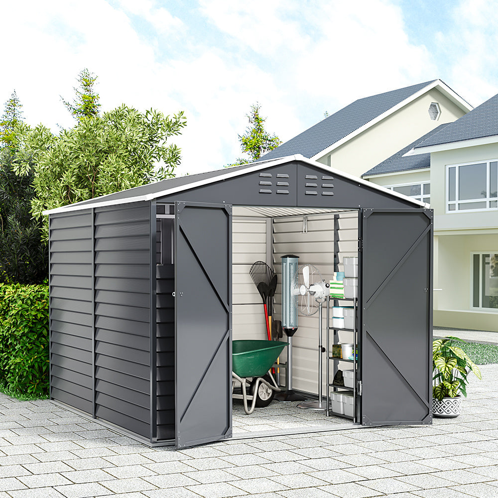 8 x 8.5 ft Charcoal Steel Garden Storage Shed with Double Doors & Windows