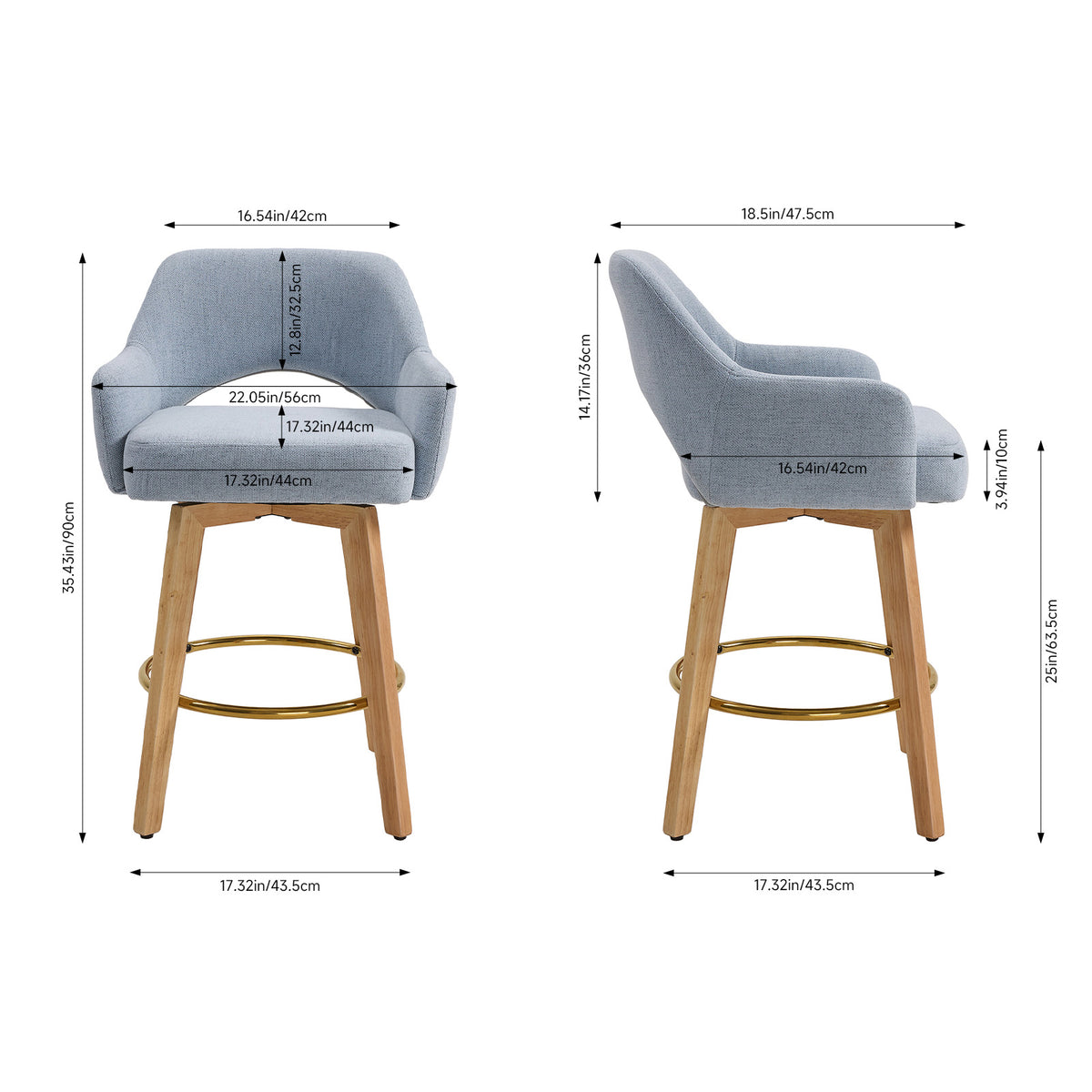 Set of 2 Swivel Chenille Upholstered Bar Stools with Wooden Legs