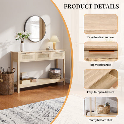 Rustic Wood Console Table with 3 Rattan Drawer