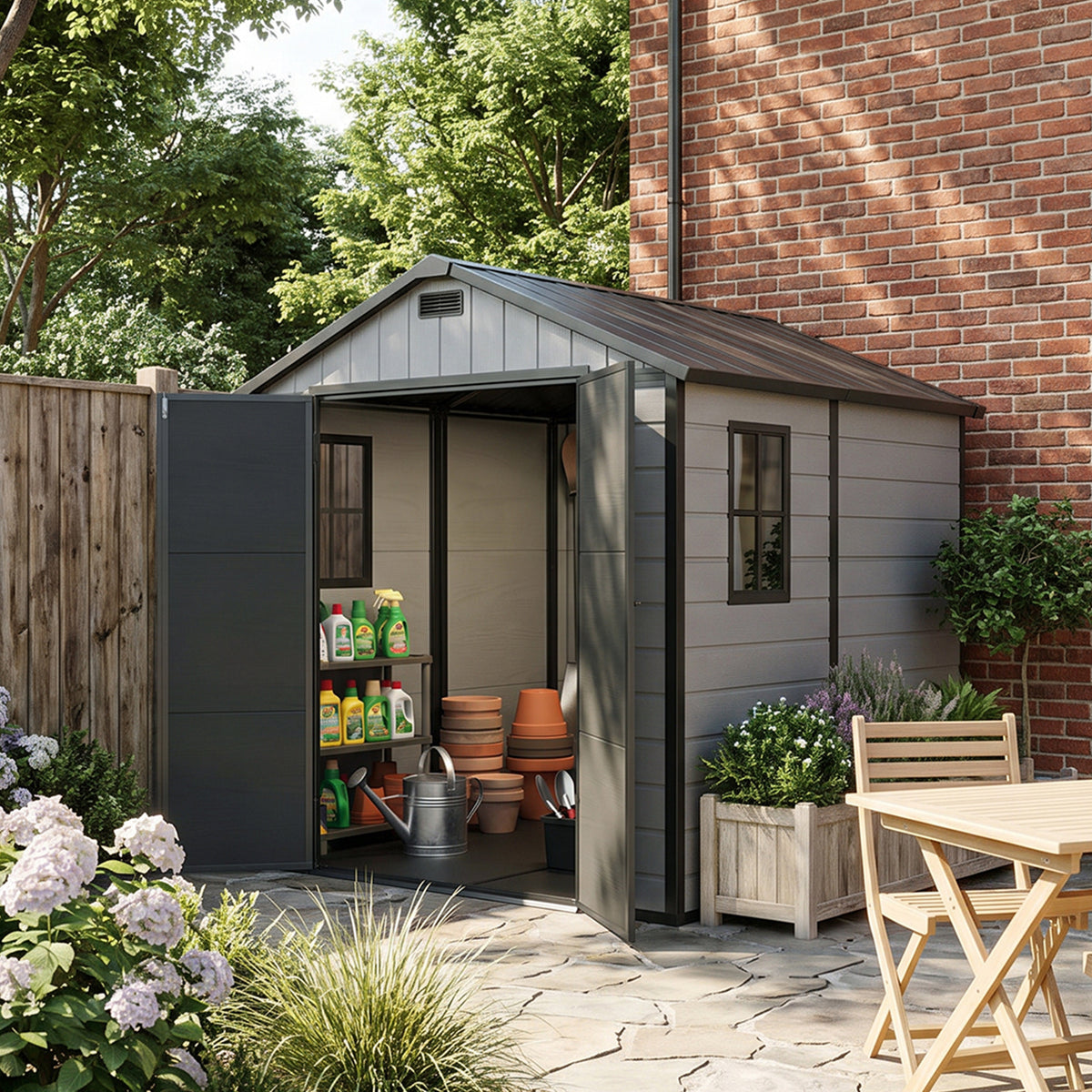 8 x 8 ft Plastic Garden Storage Shed with Apex Roof & Lockable Double Doors