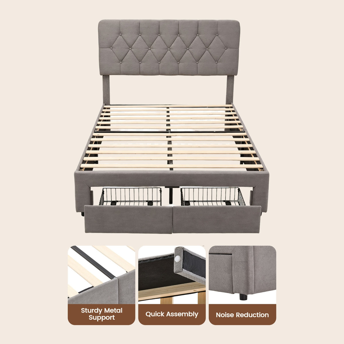 Double Upholstered Bed Frame with 2 Drawers