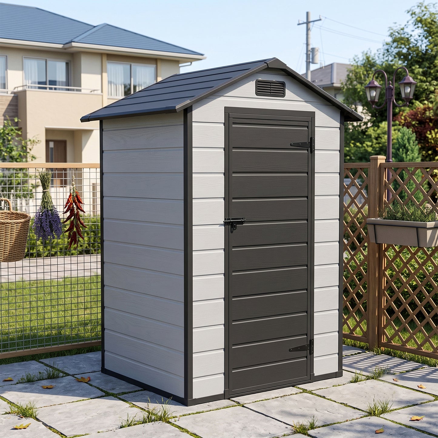 4.4 x 3.4FT Garden Plastic Storage Shed with Lockable Hinge Door