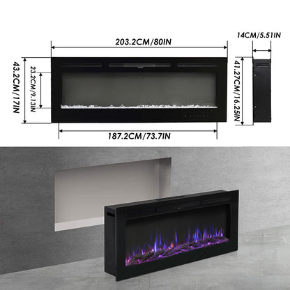 70/80 Inch Wall Mounted/Insert Electric Fireplace with 12 Colours Settings