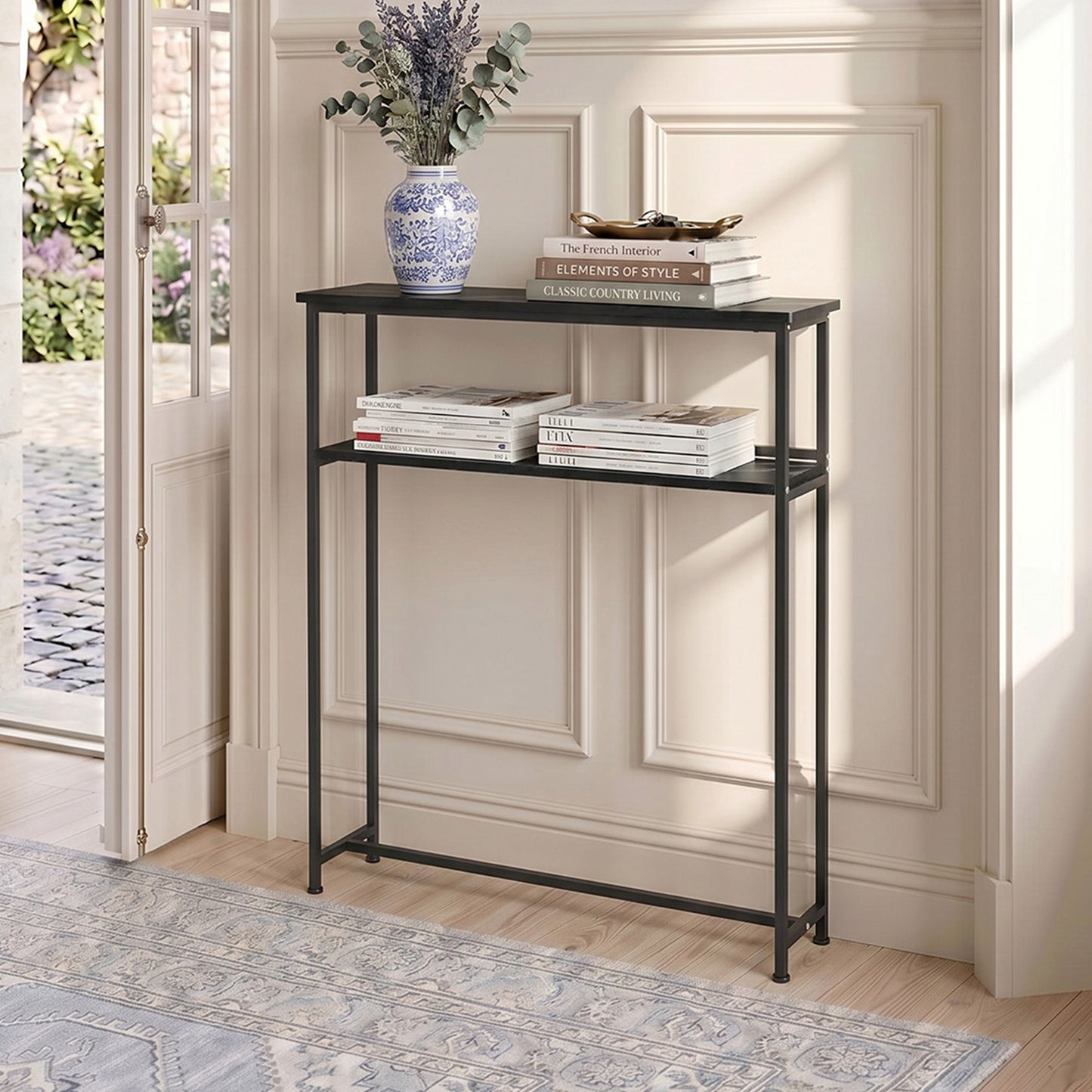 2-Tier Narrow Marble-Effect Console Table