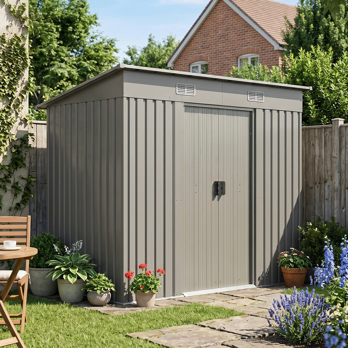 8 x 4 ft Metal Garden Storage Shed with Pent Roof & Lockable Double Doors