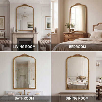 Gold Arched Decorative Vanity Mirror with Carved Frame