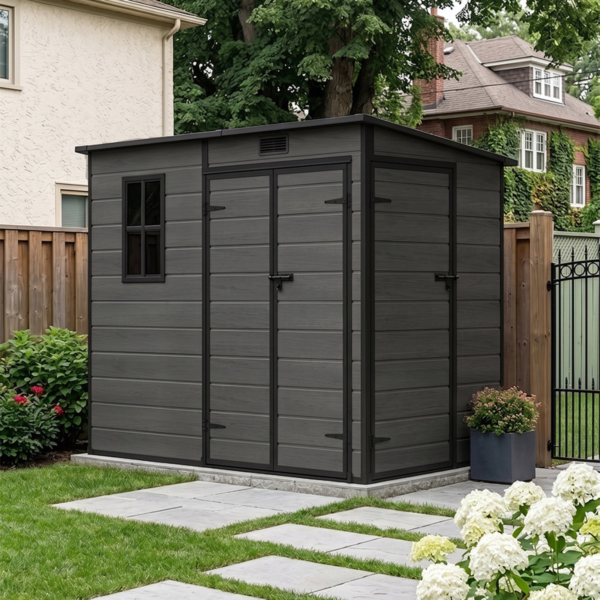 8 x 4 ft Plastic Garden Storage Shed with Pent Roof, Double Doors & Side Door