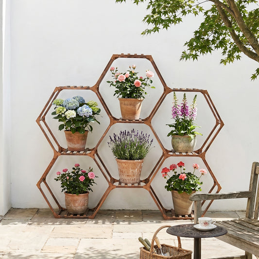 9-Potted Hexagonal Eucalyptus Wood Plant Stand