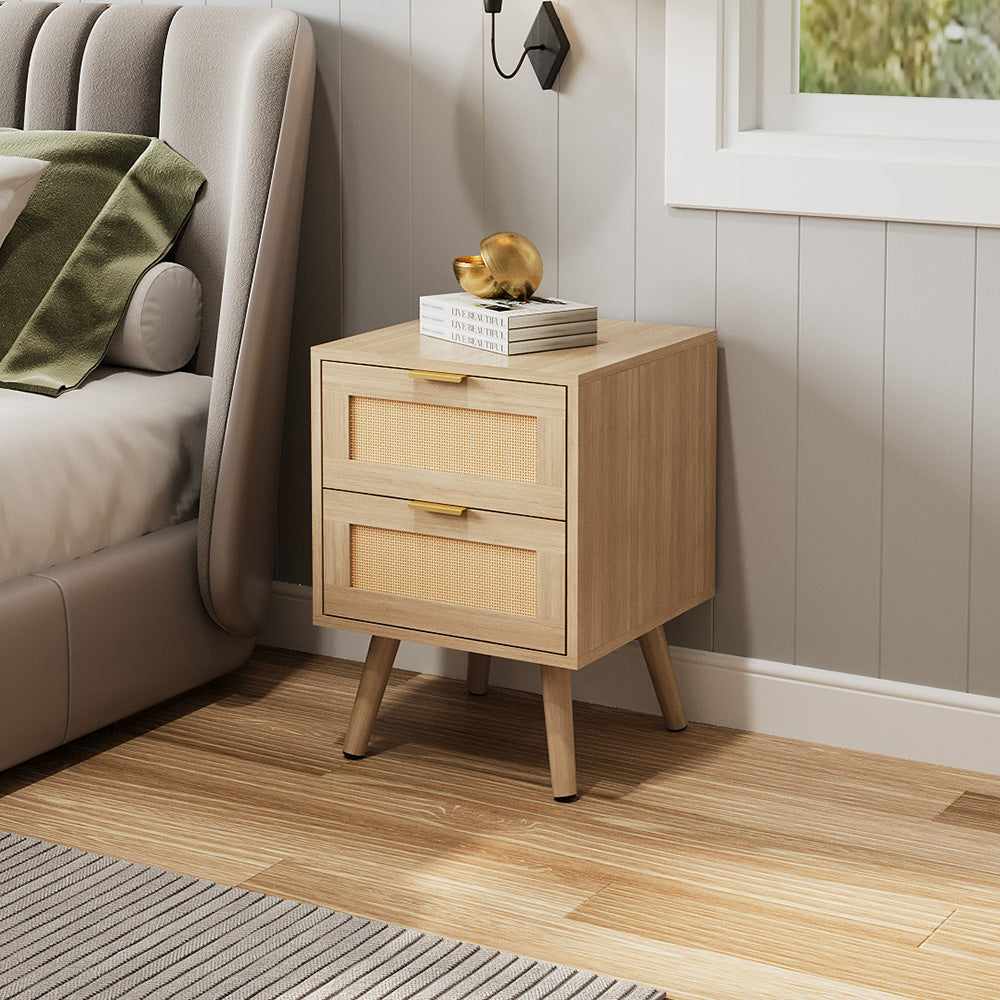 2 Pack Wood and Rattan Side Cabinet