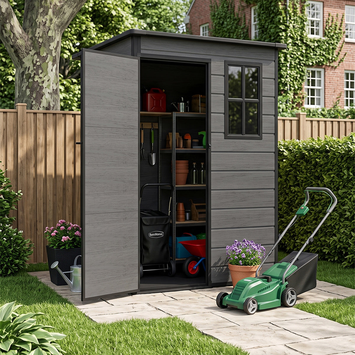 5 x 3 ft Plastic Garden Storage Shed with Pent Roof & Lockable Door