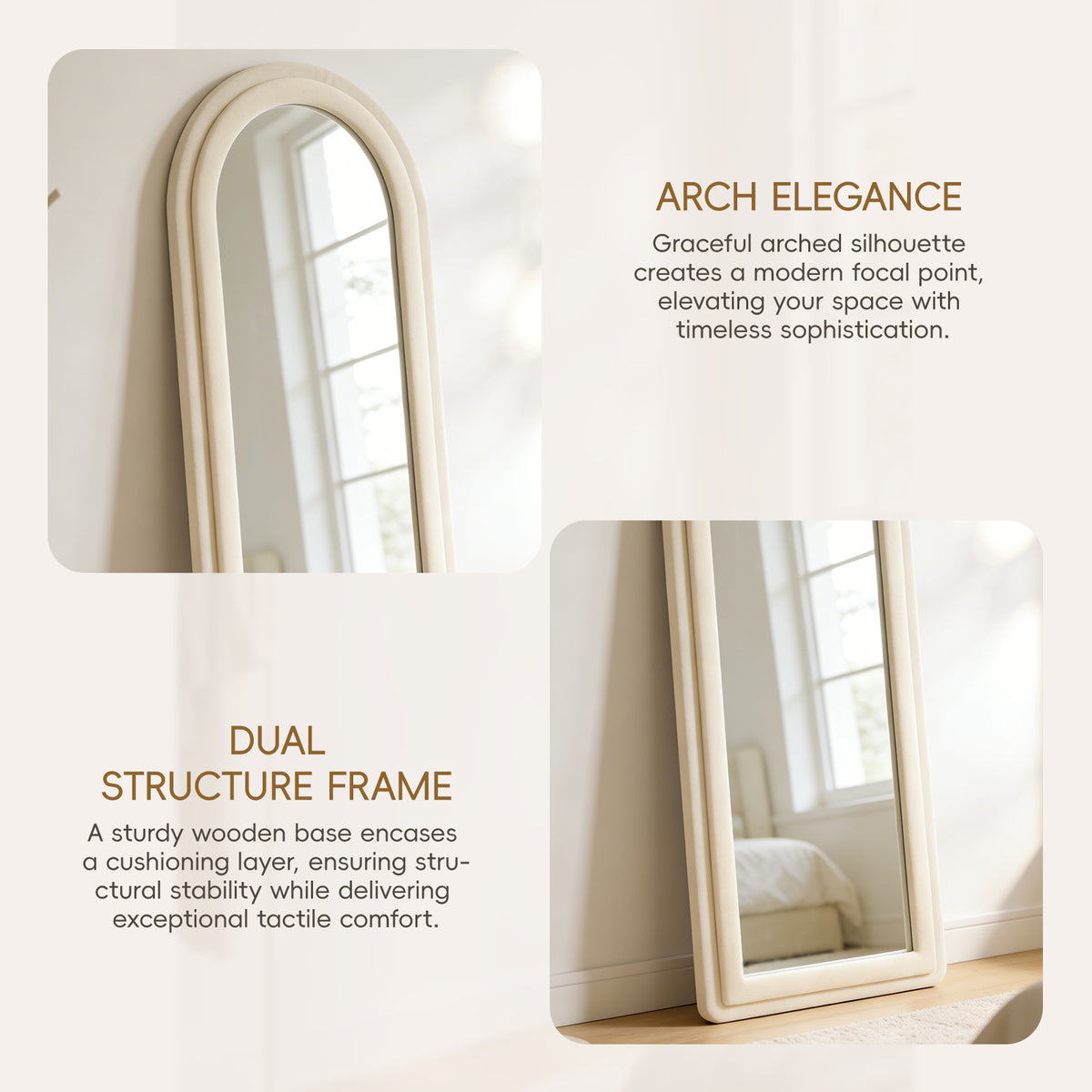 Double Arched Full-Length Mirror with Safety Film & Velvet-Wrapped MDF Frame