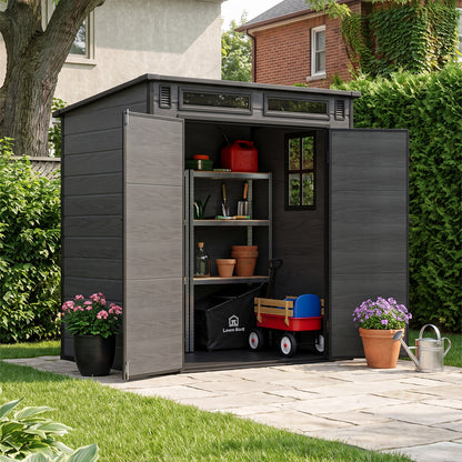 6 x 4 ft Plastic Garden Storage Shed with Pent Roof & Lockable Double Doors