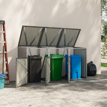 Grey Metal Outdoor Garbage Bin Shed For 3 Trash Bin