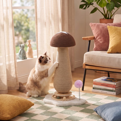 Brown Mushroom Cat Scratching Post with Turntable Toy