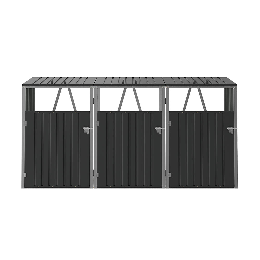 Black Metal Outdoor Garbage Bin Shed For 3 Trash Bin
