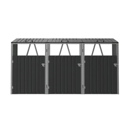 Black Metal Outdoor Garbage Bin Shed For 3 Trash Bin