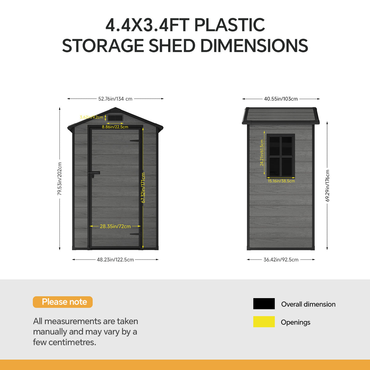 4.4 x 3.4 ft Plastic Garden Storage Shed with Apex Roof & Lockable Hinged Door