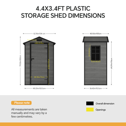 4.4 x 3.4 ft Plastic Garden Storage Shed with Apex Roof & Lockable Hinged Door