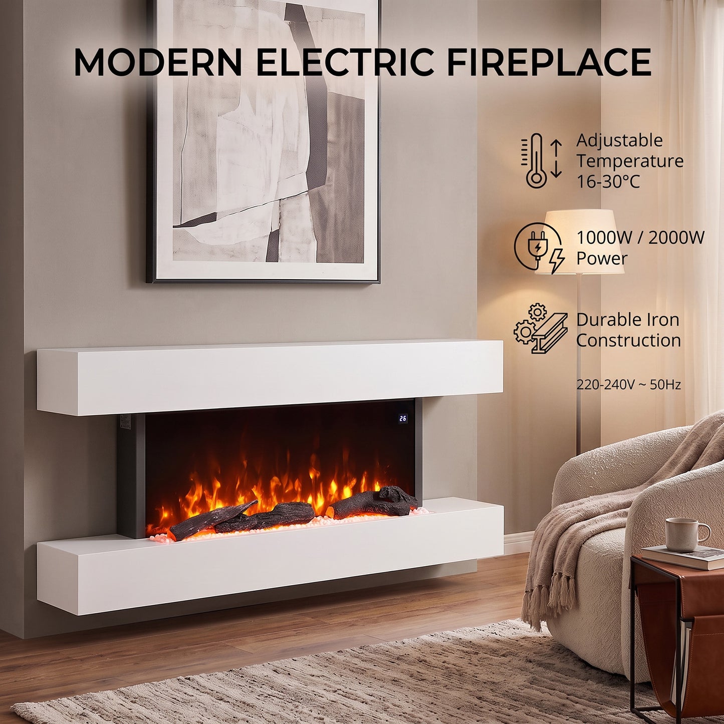 Wall-Mounted Electric Fireplace with Remote Control