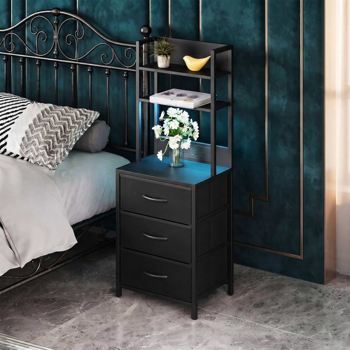 3-Drawer Nightstand with Charging Station & RGB Light Strip