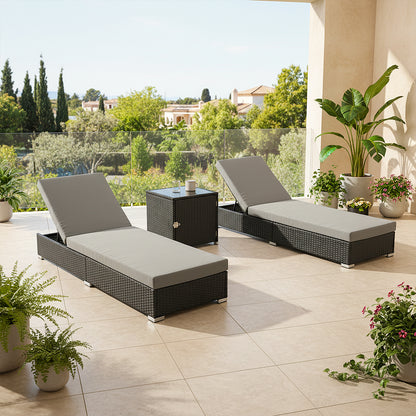 3 Piece Rattan Rattan Sun Lounger with Storage Table