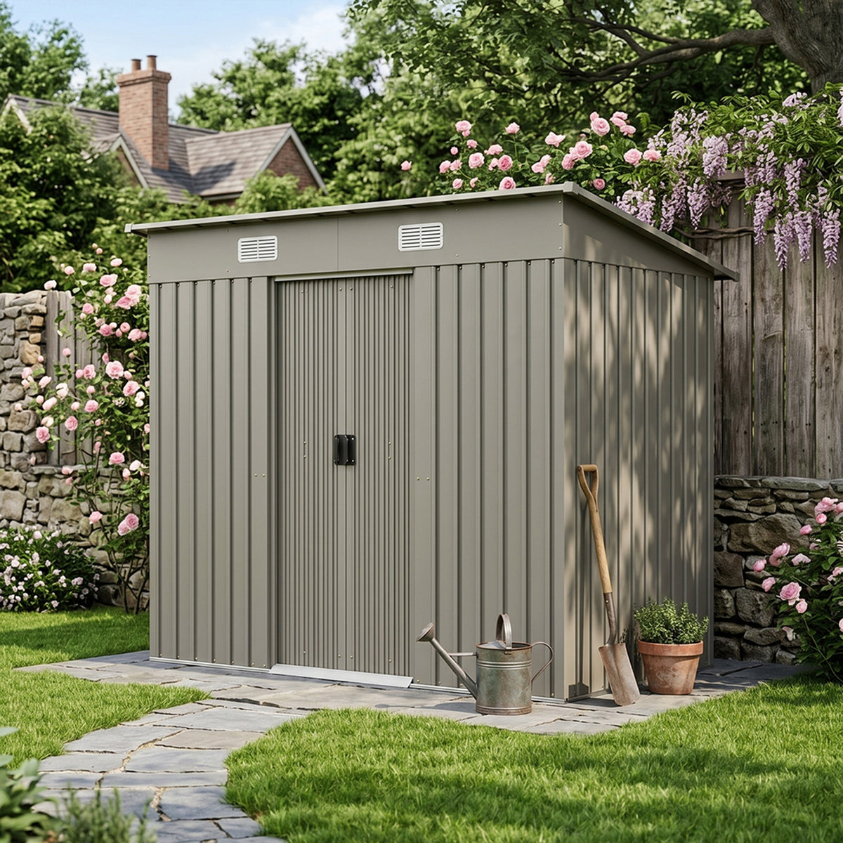 8 x 4 ft Metal Garden Storage Shed with Pent Roof & Lockable Double Doors