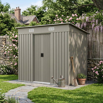 8 x 4 ft Metal Garden Storage Shed with Pent Roof & Lockable Double Doors