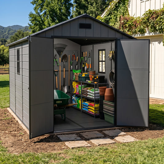8 x 12 ft Plastic Garden Storage Shed with Apex Roof & Double Doors