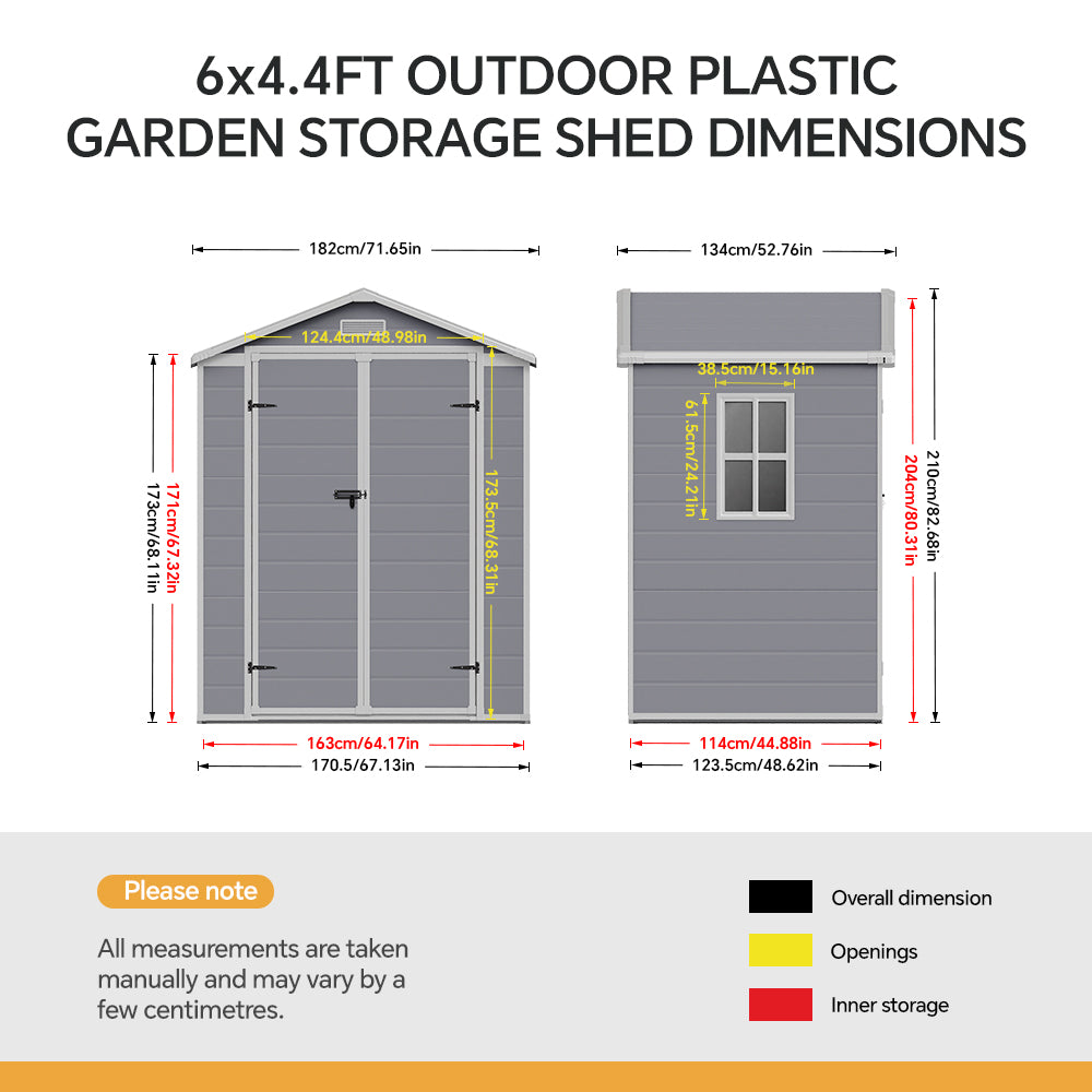 6 x 4.4 ft Plastic Garden Storage Shed with Apex Roof & Double Doors