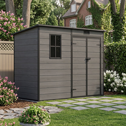 8 x 4 ft Plastic Garden Storage Shed with Pent Roof, Double Doors & Side Door