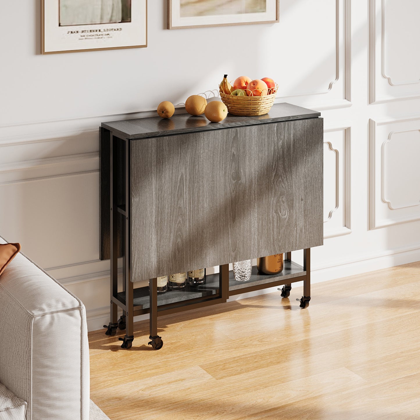Folding Dining Table with Wheels and Storage Shelves