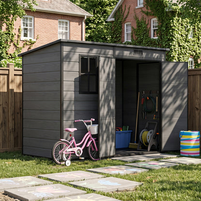 8 x 4 ft Plastic Garden Storage Shed with Pent Roof, Double Doors & Side Door