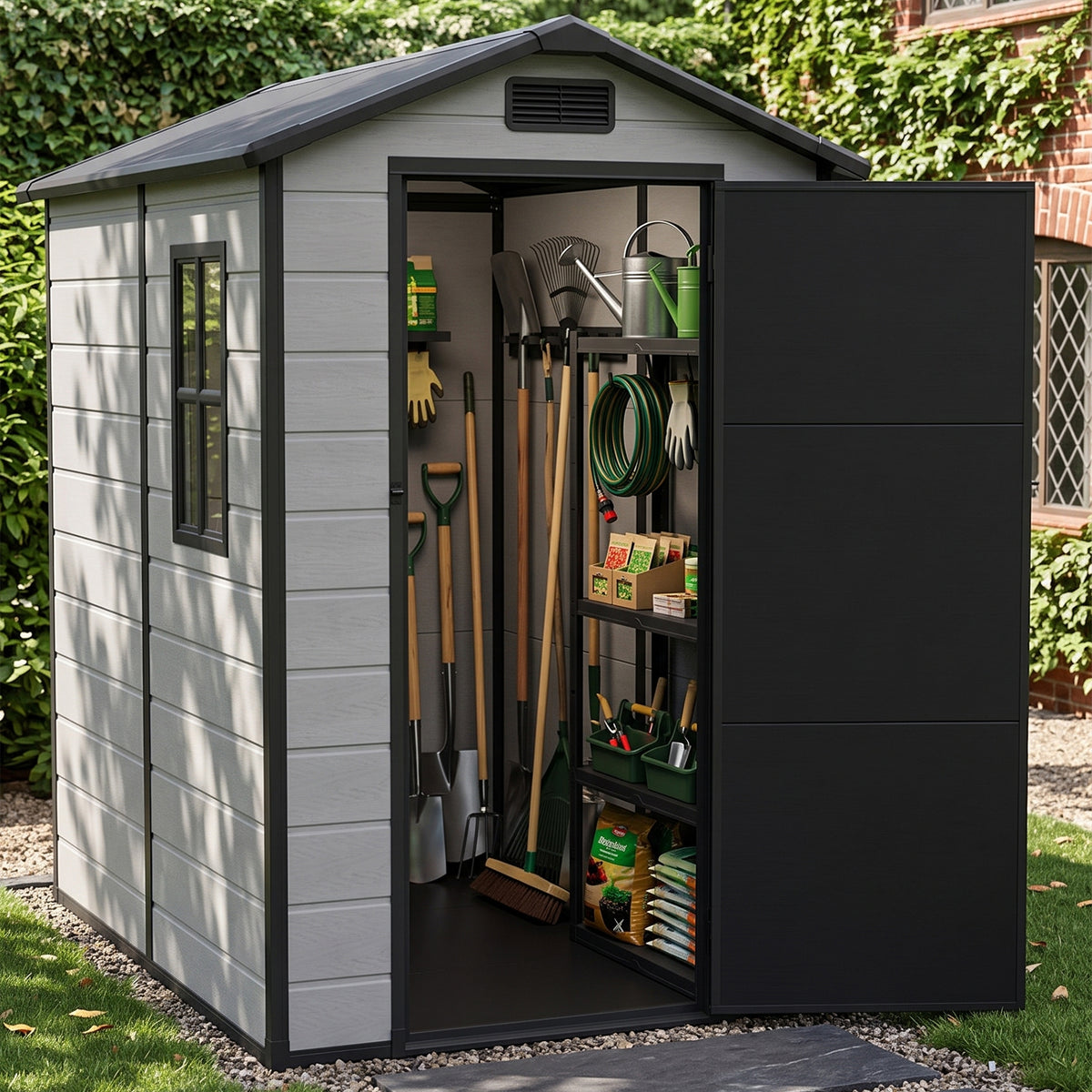 4 x 6 ft Plastic Garden Storage Shed with Apex Roof & Lockable Door