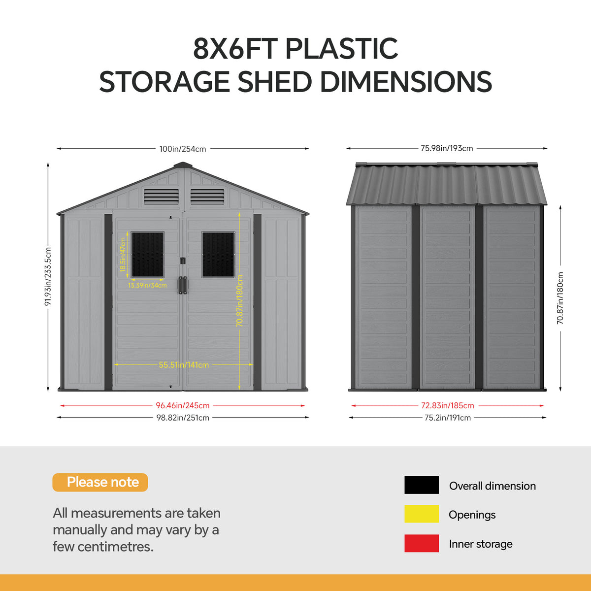 8 x 6 ft Plastic Garden Storage Shed with Apex Roof & Double Doors