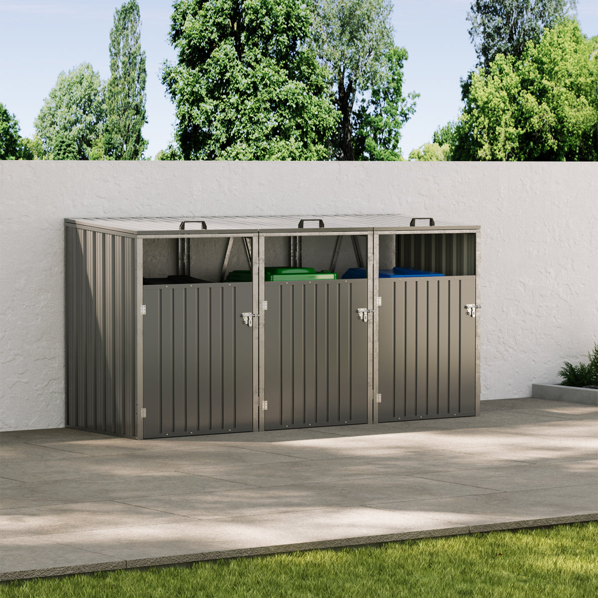 Grey Metal Outdoor Garbage Bin Shed For 3 Trash Bin