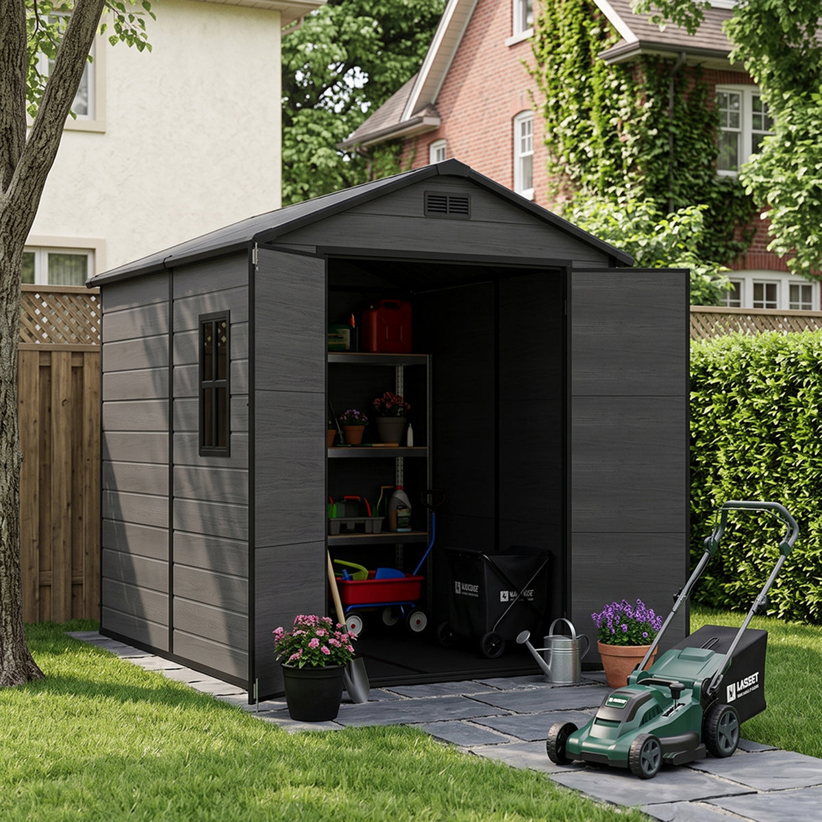 6 x 8 ft Plastic Garden Storage Shed with Apex Roof & Double Doors
