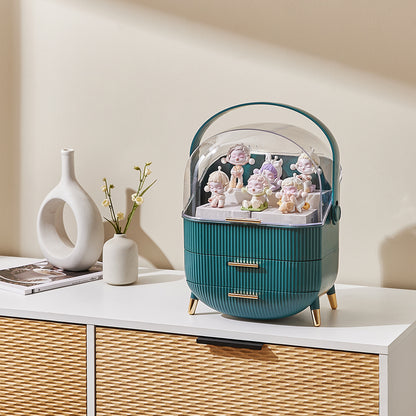 White/Green Elegant Makeup Storage Organizer Box with Drawers and Handle