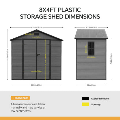 8 x 4 ft Plastic Garden Storage Shed with Apex Roof & Double Doors