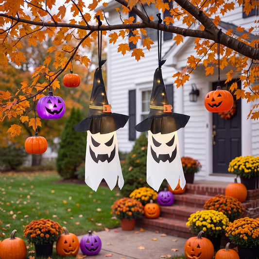 2Pcs Halloween Decorations Ghost Witch Hats with LED Lights
