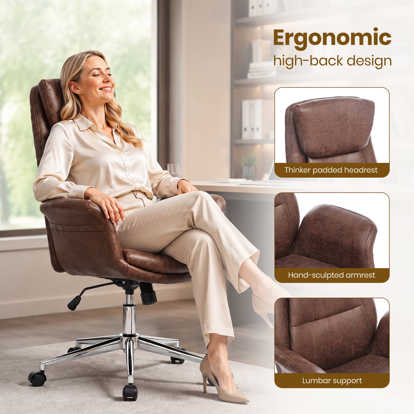 Adjustable High Back PU Office Chair with Armrests