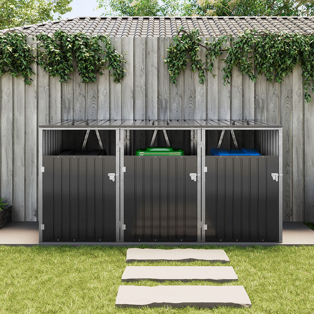 Black Metal Outdoor Garbage Bin Shed For 3 Trash Bin