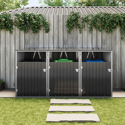 Black Metal Outdoor Garbage Bin Shed For 3 Trash Bin