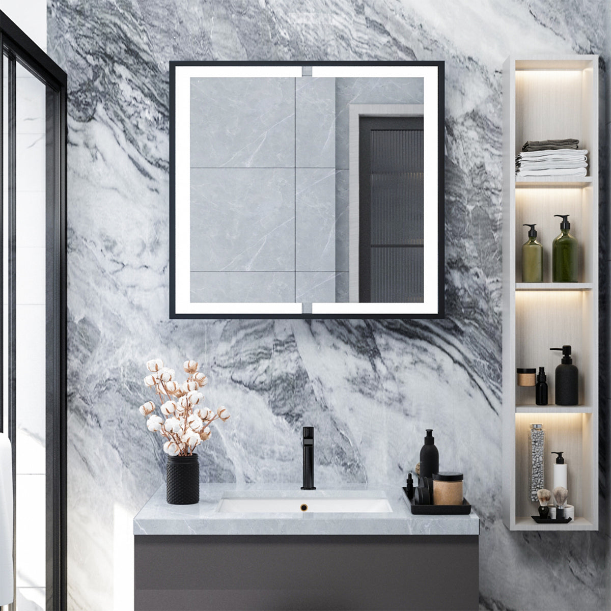 Wall-Mounted Bathroom LED Mirror Cabinet with Adjustable Shelves